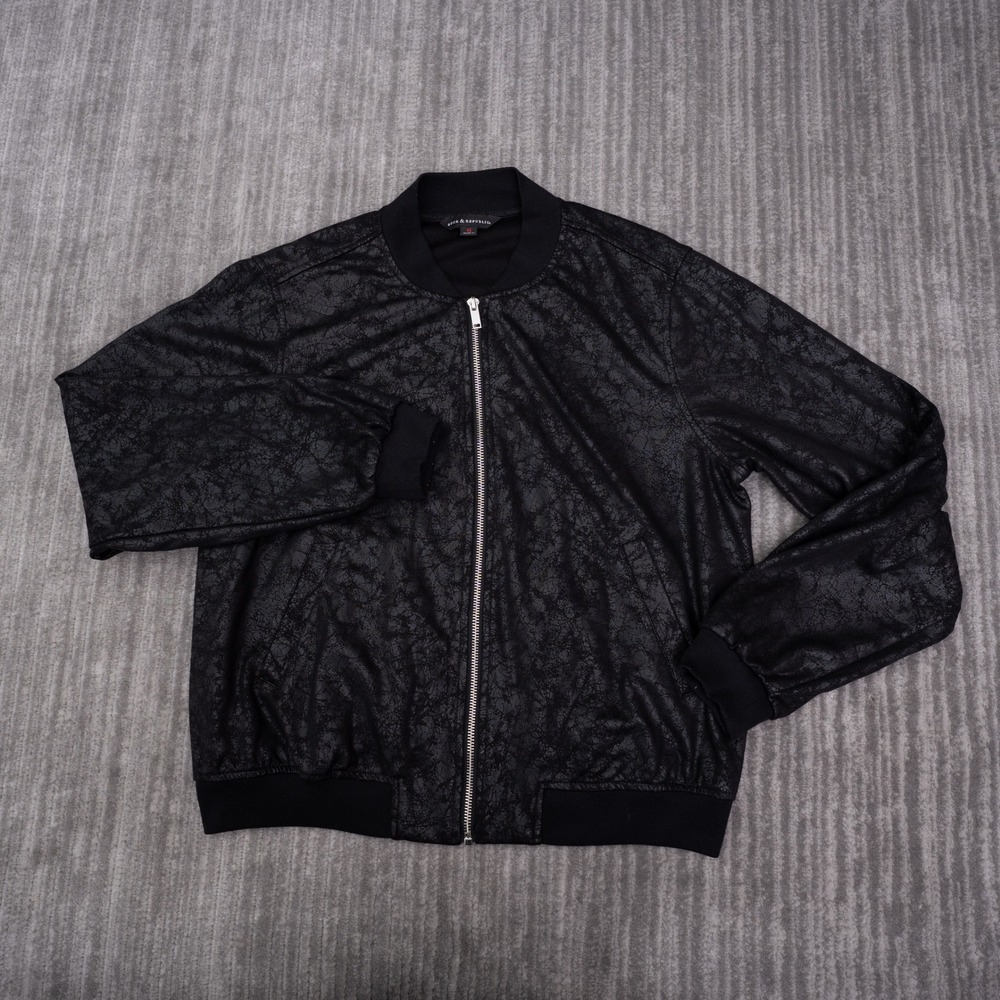 Rock & Republic Bomber Jacket Womens Medium Black Excellent Crackle Print Zip